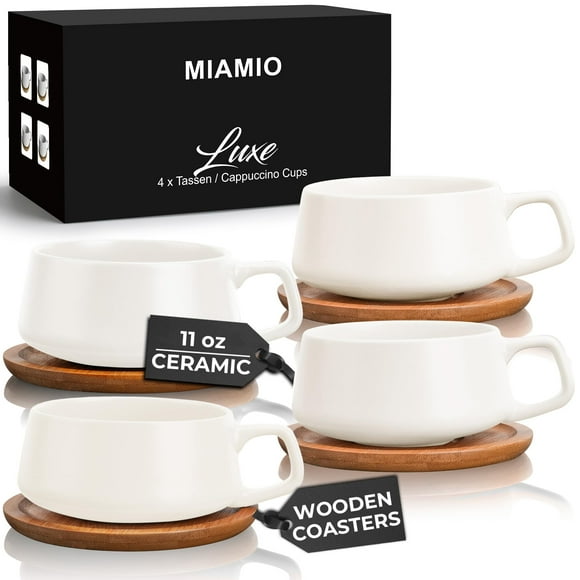 MIAMIO – 320 ml., Set of 4 Ceramic Tea Cup and Saucer Bamboo/Tea Mug - Wide Cappuccino Cup, Coffee Cups Ceramic Mug for Cappuccino, Latte, Espre