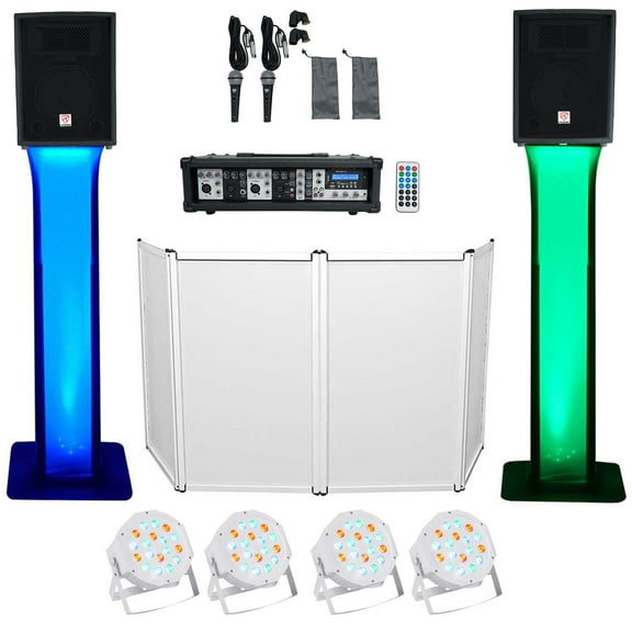 DJ Package w/10" Speakers Bluetooth Mixer Mics Tripod Totem Stands  Facade Lights