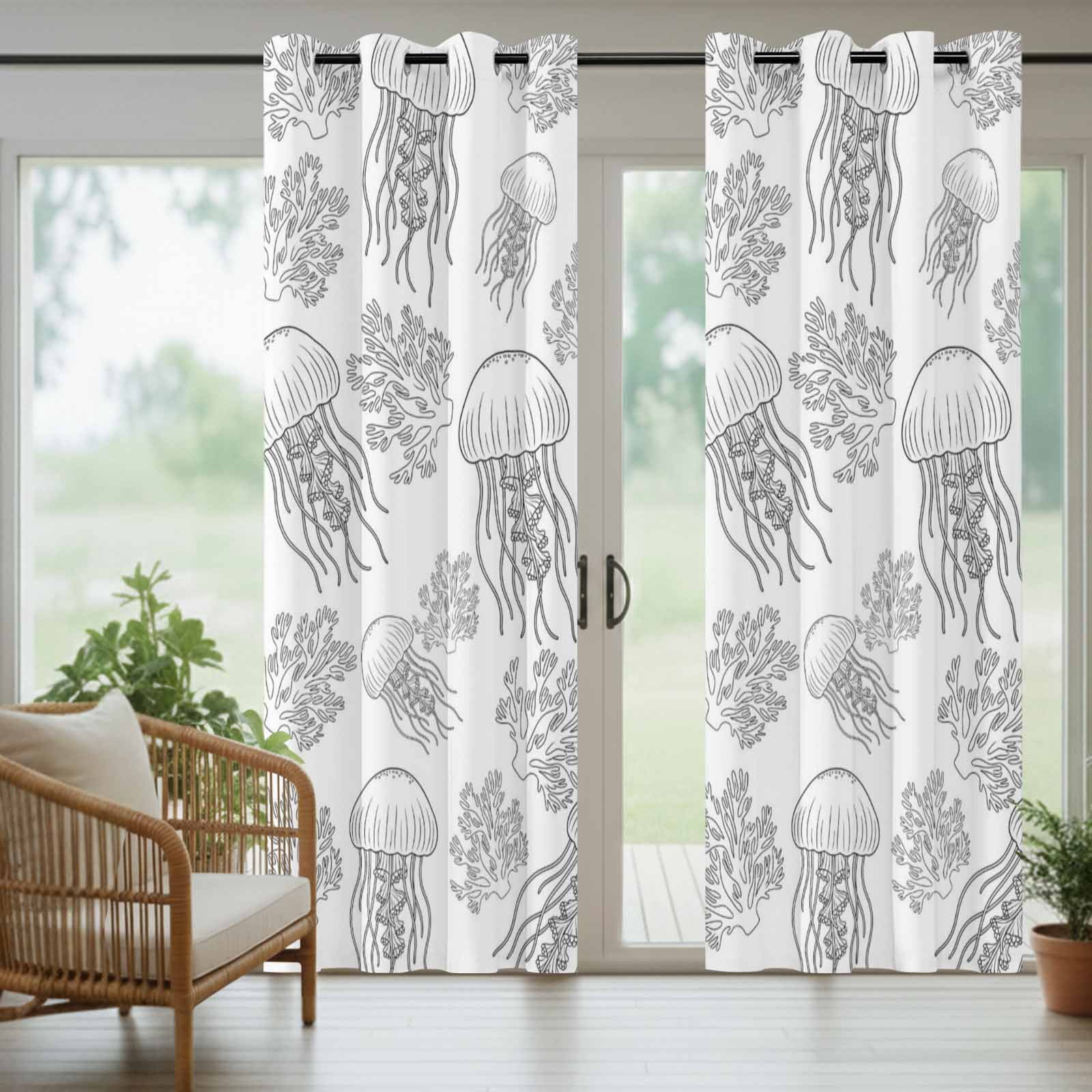 Marine Life Outdoor Curtains for Patio, Oceans Jellyfish Coral Line Sketches Style Black Sunshade Privacy Drapes Grommet Waterproof Outside Curtains for Porch/Cabana/Balcony 54"x 108", 1 Panel