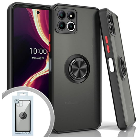 For Celero 5G PLUS 2023 O-Ring Kickstand Cover Phone Case Tempered Glass - Black