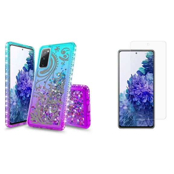 Bemz Liquid Quicksand Case for Samsung Galaxy S20 FE (with 2 Pack of Tempered Glass Screen Protectors and Touch Tool) - Gray Floral Vines (Teal/Purple)