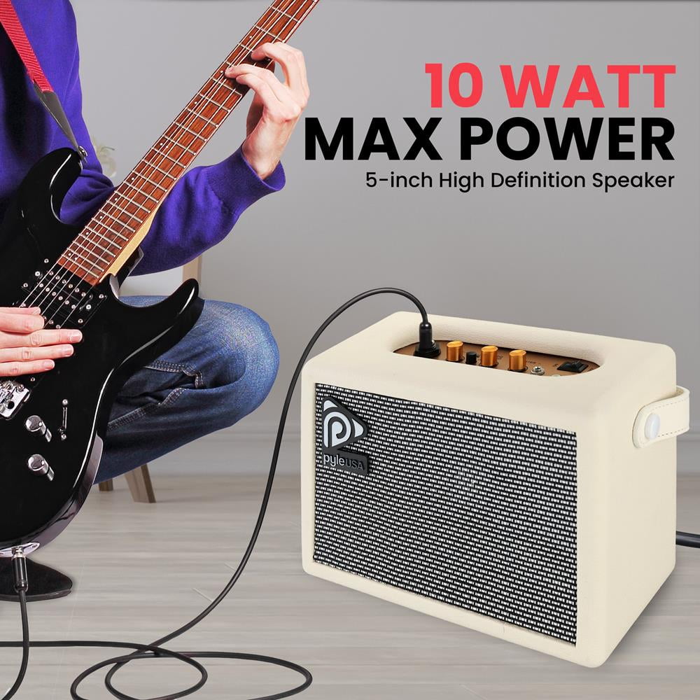 Pyle Portable Electric Guitar Amplifier – 5" High-Definition Speaker with Volume, Bass & Treble Controls, Lightweight Plywood Cabinet with Gold Plate & Leather Finish
