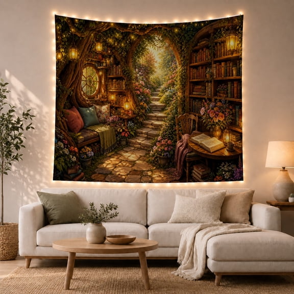 Stone Path Through Bookshelves with Vines and Lanterns, Whimsical Illustration for Book Lovers, Enchanted Library Wall Art, Housewarming Gift, Tapestry Wall Hanging for Bedroom and Living Room