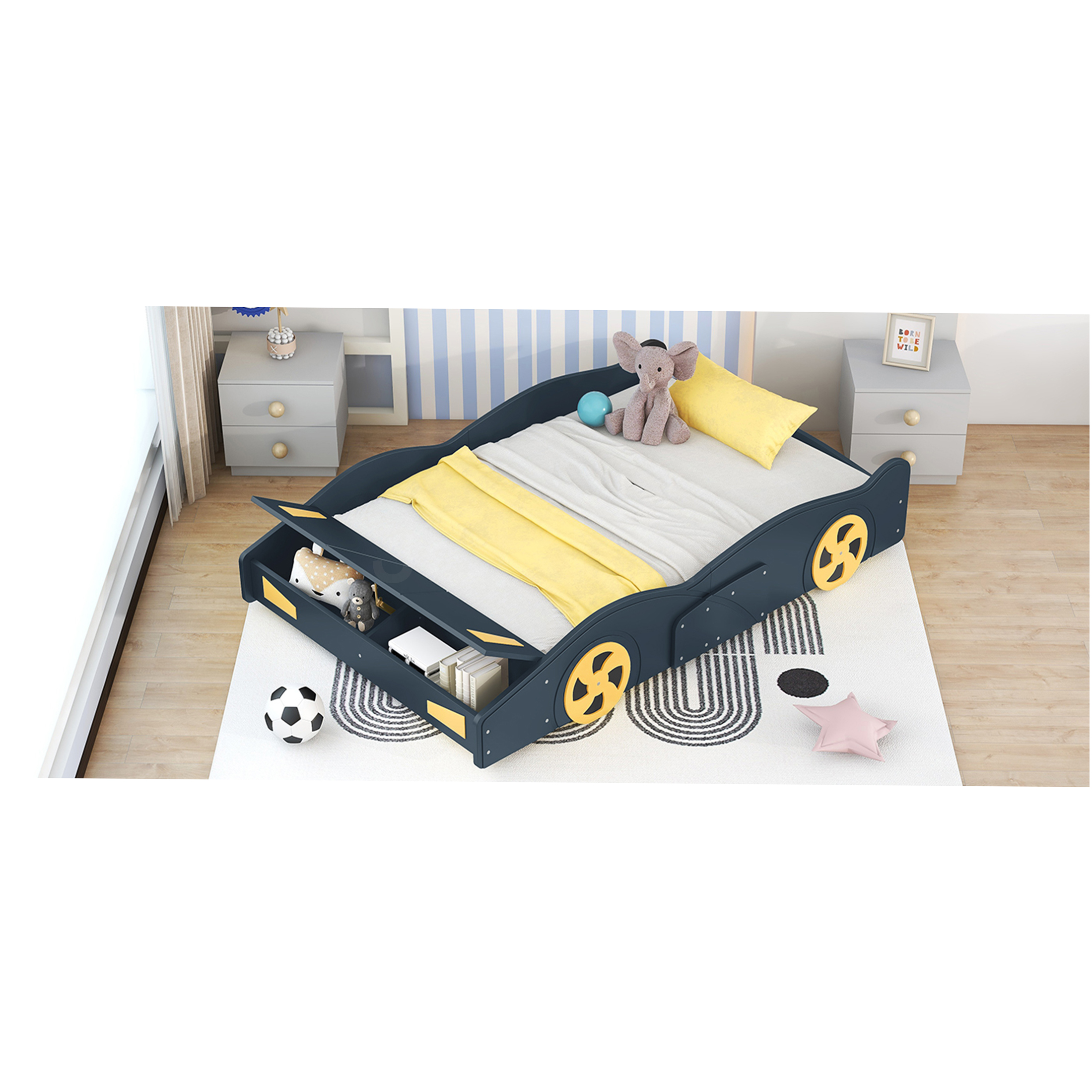 JERFIT Full Size Race Car Platform Bed with Storage, Dark Blue Wood Bed Frame with Wheels, No Box Spring Needed