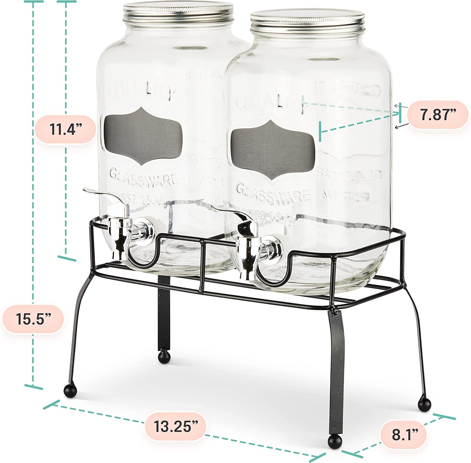 Estilo 1 gallon Glass Mason Jar Double Beverage Drink Dispenser On Metal Stand With Leak Free Spigot 2 Set Doubled Jar- Clear 