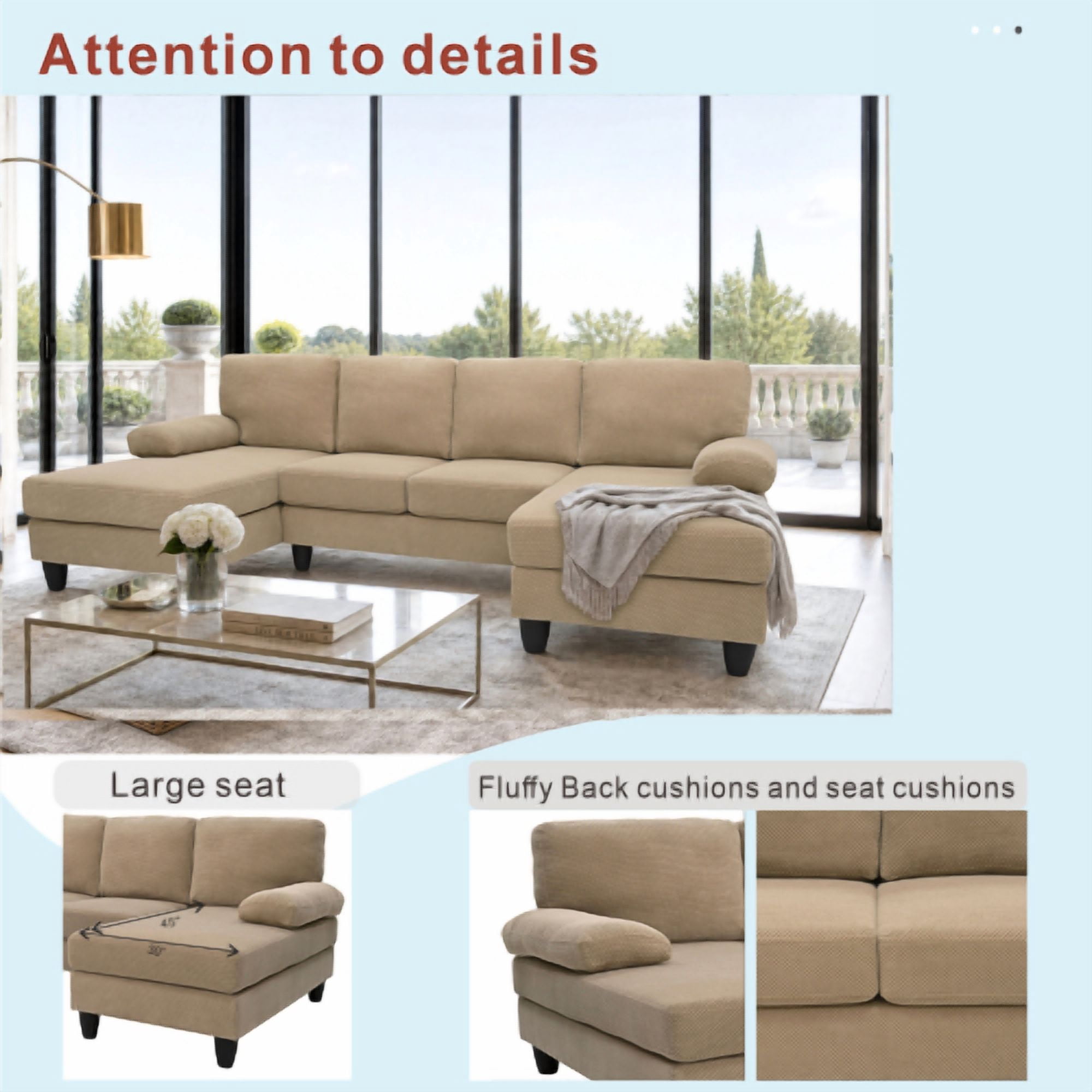 Howcool 104" Cloud Sectional Sofa with Extra Deep Seat,U Shaped Sectional Couches for Living Room,4 Seater Polyester Sofas & Couches,Modern Apartment Couch with Double Chaise Lounge,Camel
