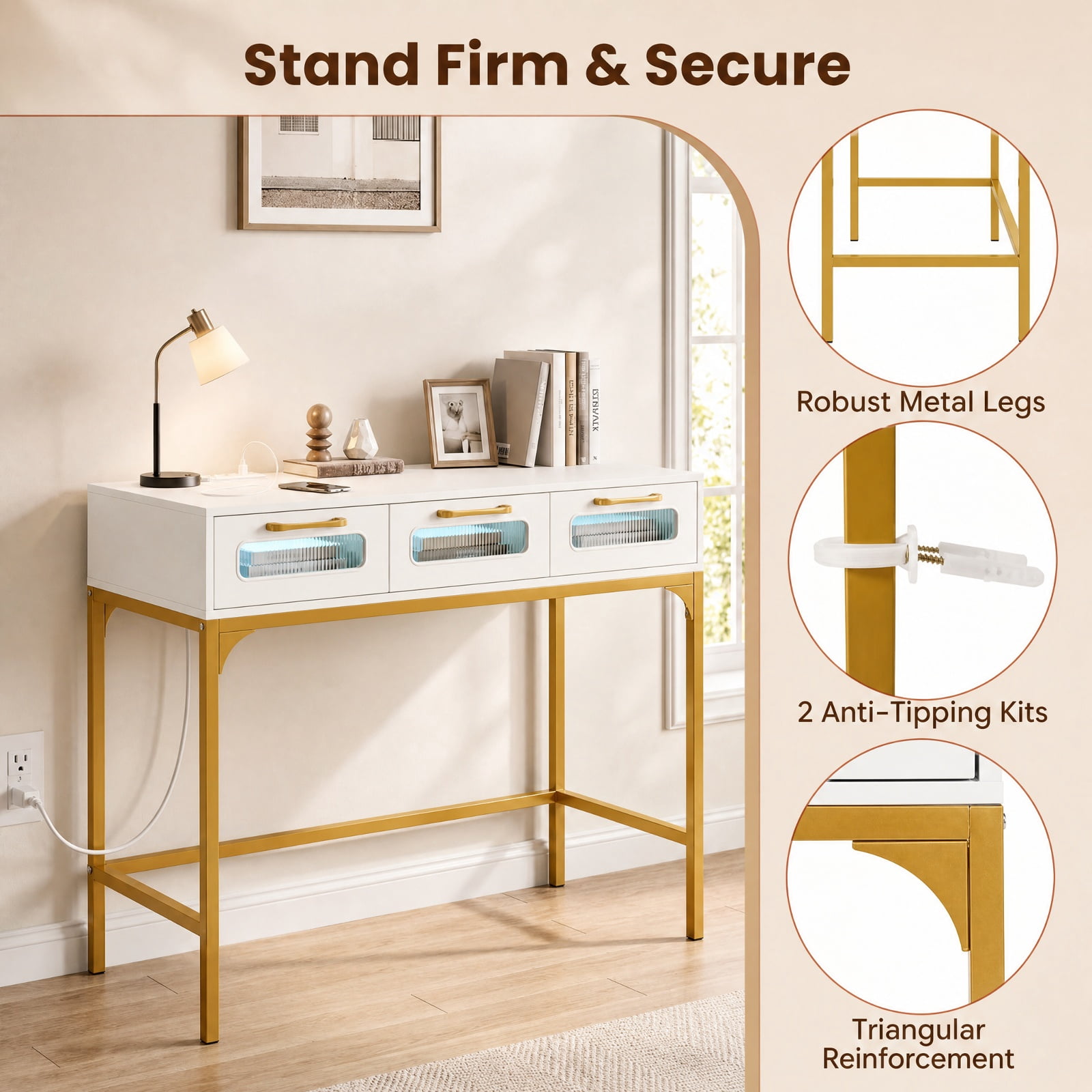 Furnibear Console Table with LED Lighting and Charging Station Entryway Table with Drawers for Living Room Hallway Sofa, White