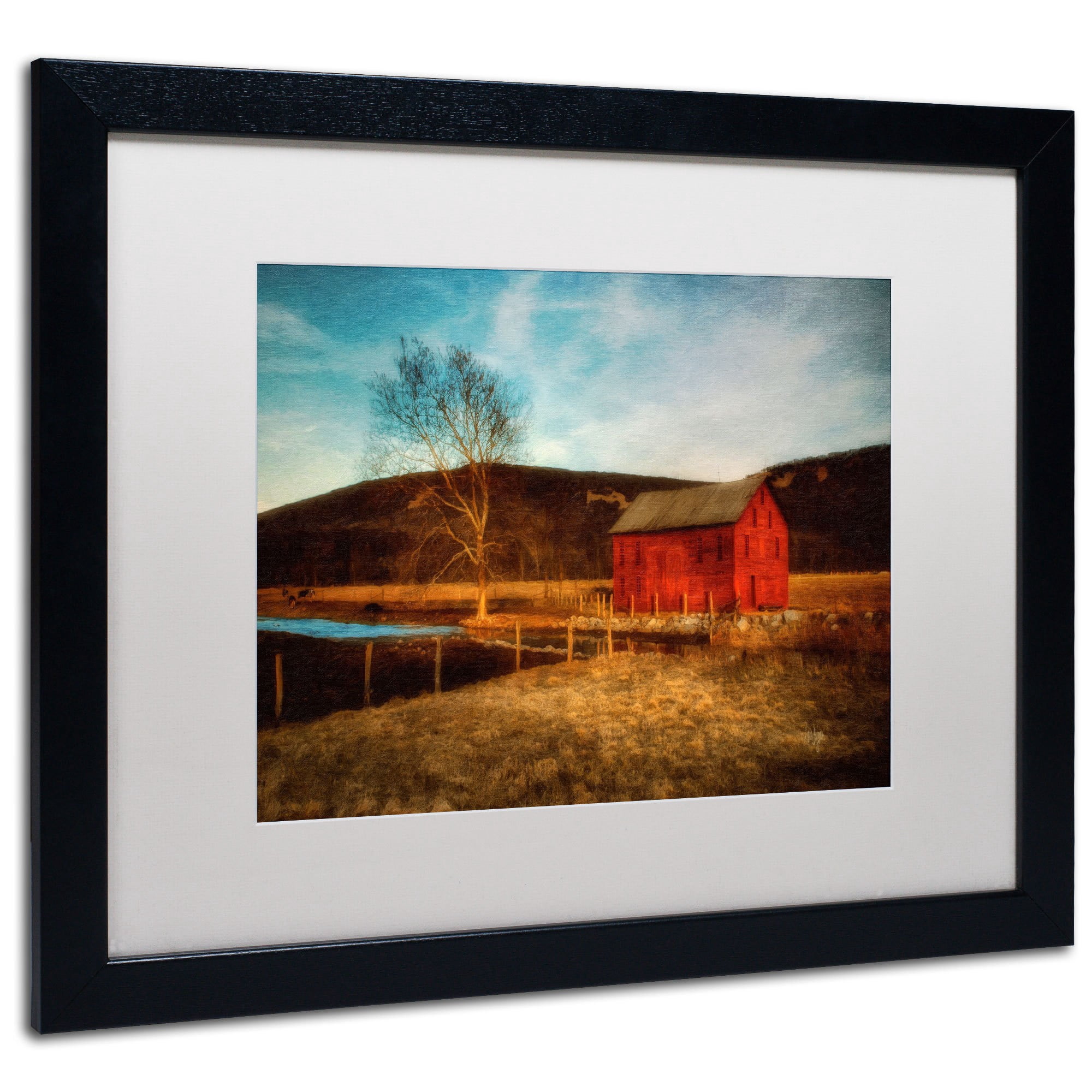 Trademark Fine Art "Red Barn at Twilight" Canvas Art by Lois Bryan, White Mat, Wood Frame