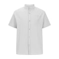 thumbnail image 2 of Men's Cotton Linen Henley Shirt Short Sleeve Casual Summer Band Collar Beach T-Shirts Button-up Solid T-Shirt, 2 of 5
