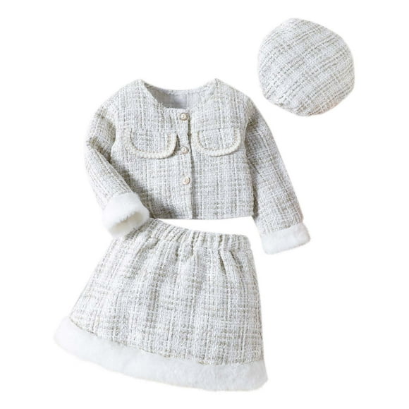 2025 Toddler Girl's 3 Piece Outfits Plaid Tweed Long Sleeve Jacket And Ruffle Mini Skirt With Hat Set White