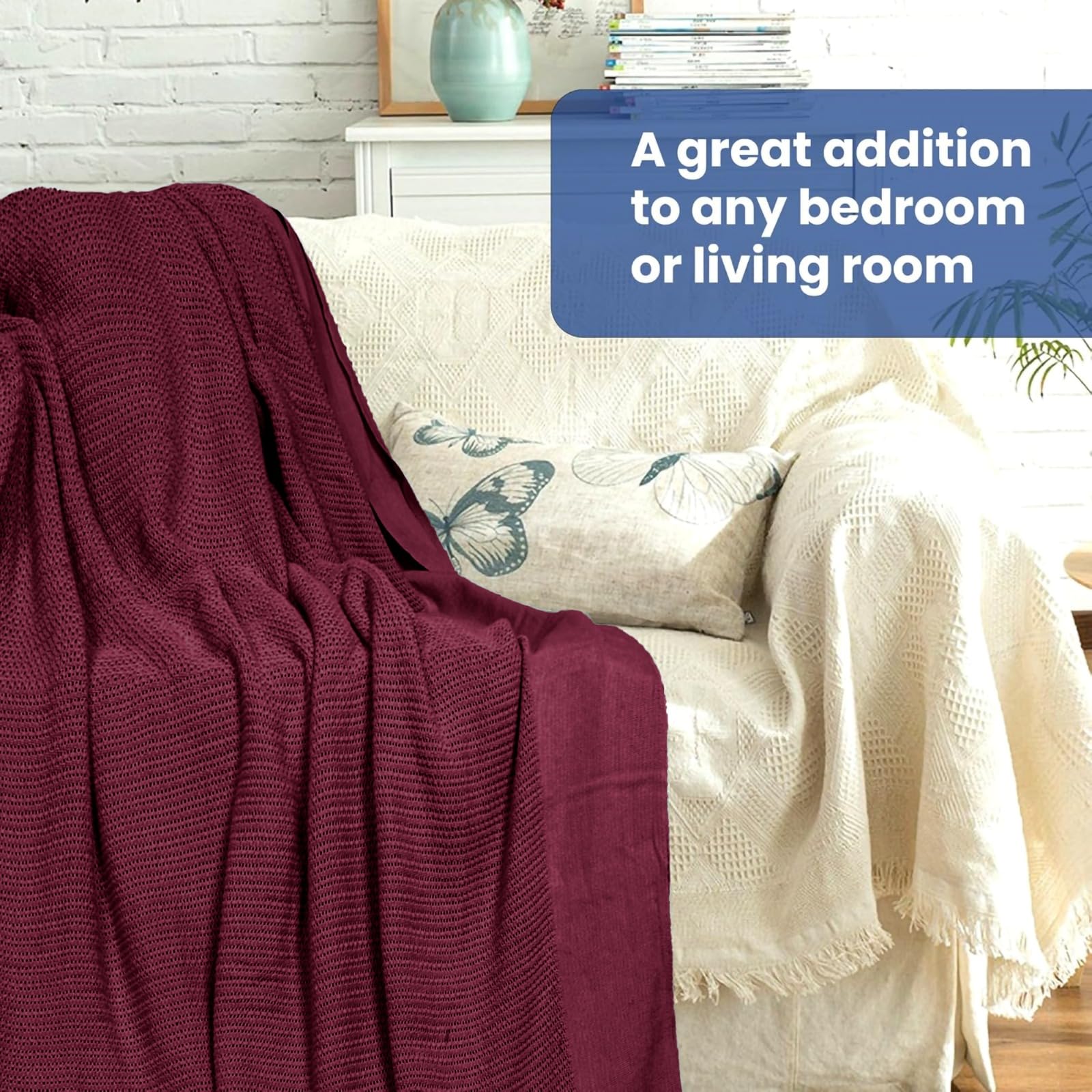 Linteum Textile 100% Cotton Leno Weave Blanket (Burgundy, Twin) 66x90 Inches
