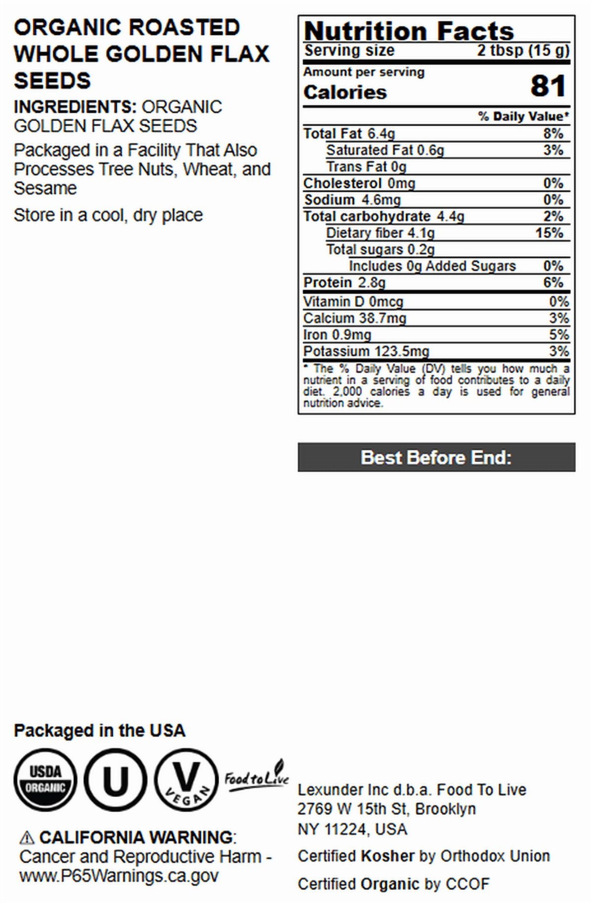 Organic Dry Roasted Whole Golden Flax Seeds, 5 Pounds – Vegan, Kosher, Bulk – by Food to Live