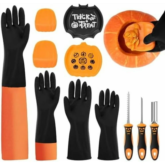 Pumpkin Scraper Glove Halloween Carving Kit: 2 Pairs Gloves (Adult/Kid), 2 Scrapers, 3 Tools. Easily clean & carve pumpkins. Perfect for home decor, kitchen & more.