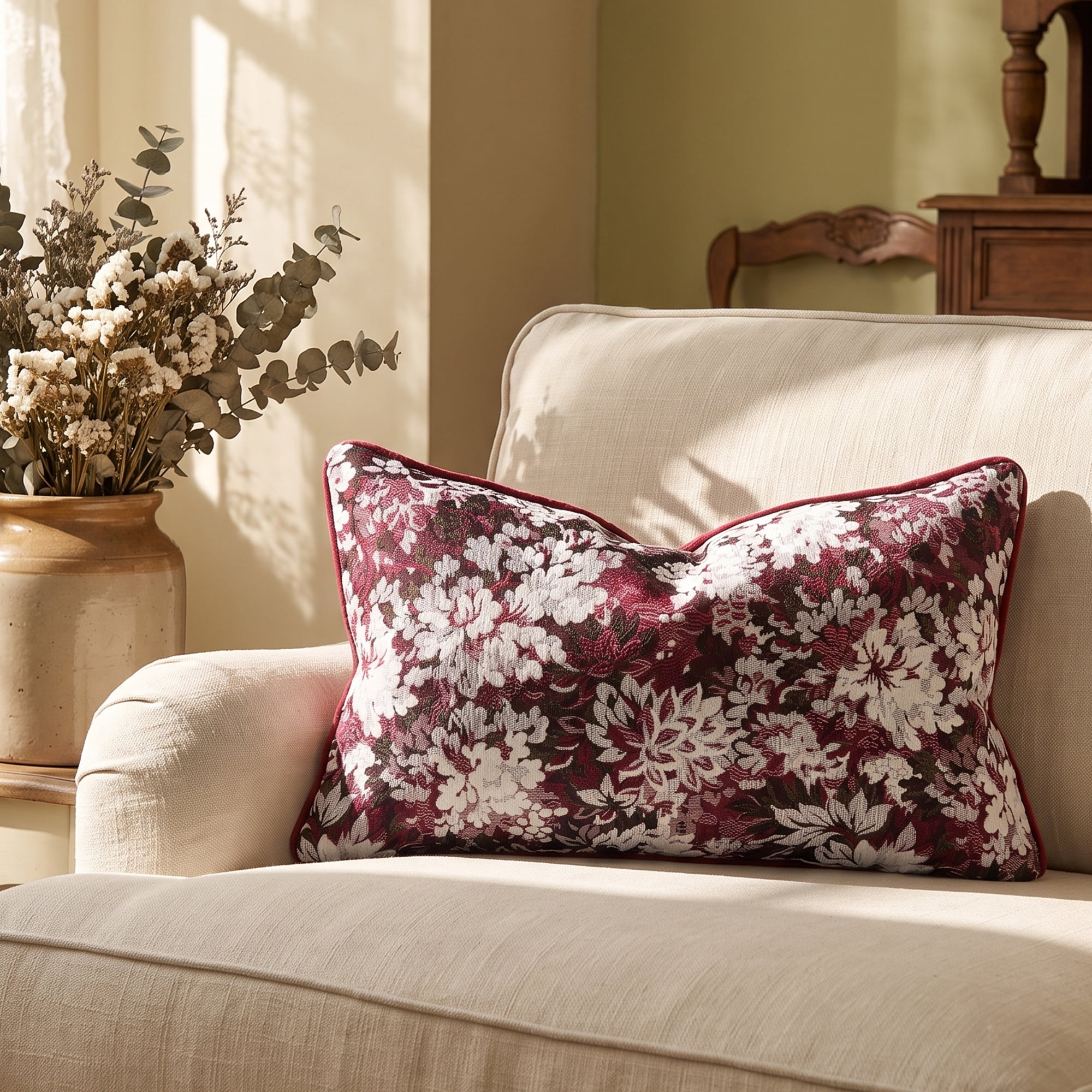 Unique Bargains Floral Throw Pillow Cover with Piped Edge Decor Cushion Case Red 20" x 12"