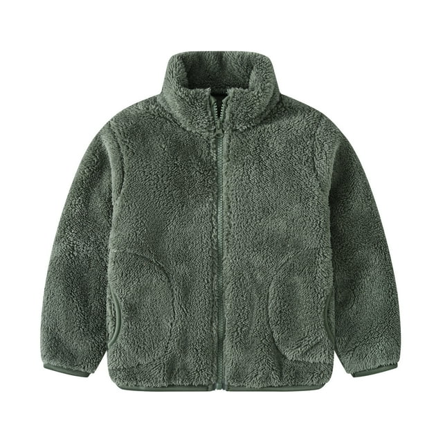 Jgppe Girls Fleece Jacket Fuzzy Solid Color Stand Collar Zip Loose Warm Long Sleeve Coat with Pockets 1-11Years