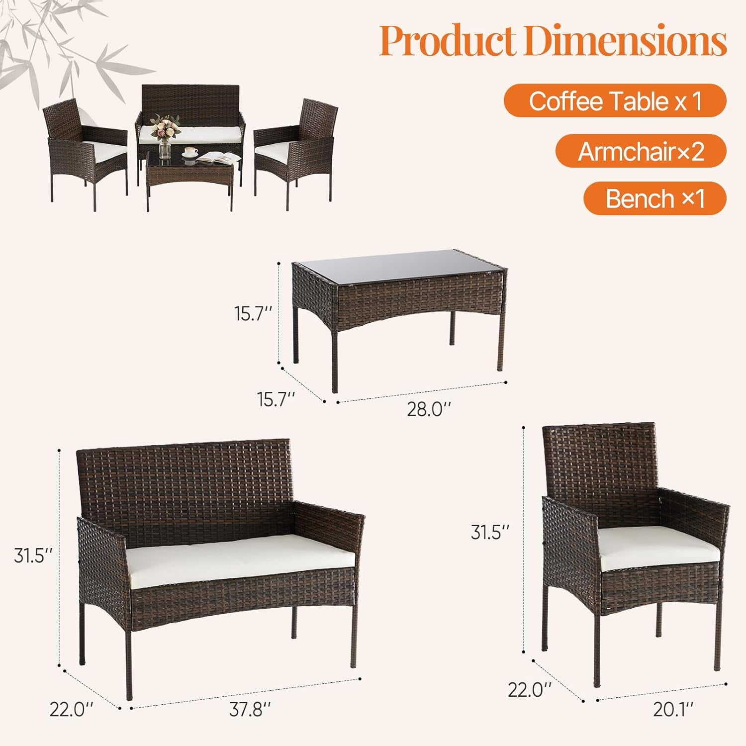 Simenmax 4 Piece Rattan Conversation Set, Outdoor Patio Furniture with Double Loveseat & 2 Single Chairs, Glass Coffee Table for Backyard, Poolside, Garden,Beige