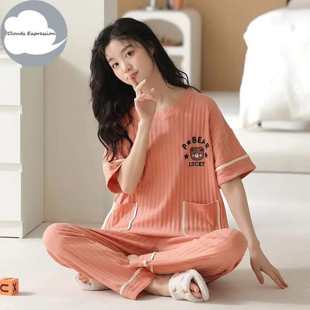 Conjunto de Pijama grande de manga corta para Mujer, ropa de dormir de punto con puntos de oso de dibujos animados, de algodón, elegante, 5XL