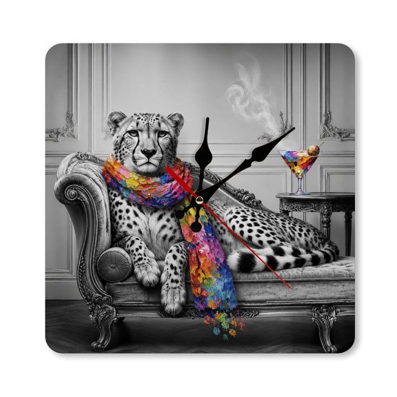 RKSupls 1010inch Cheetah Lounging with Painted Scarf Square Unmarked Wall Clock Silent Non-Ticking Home Decor for Bedroom Living Room Office Classroom Easy to Install