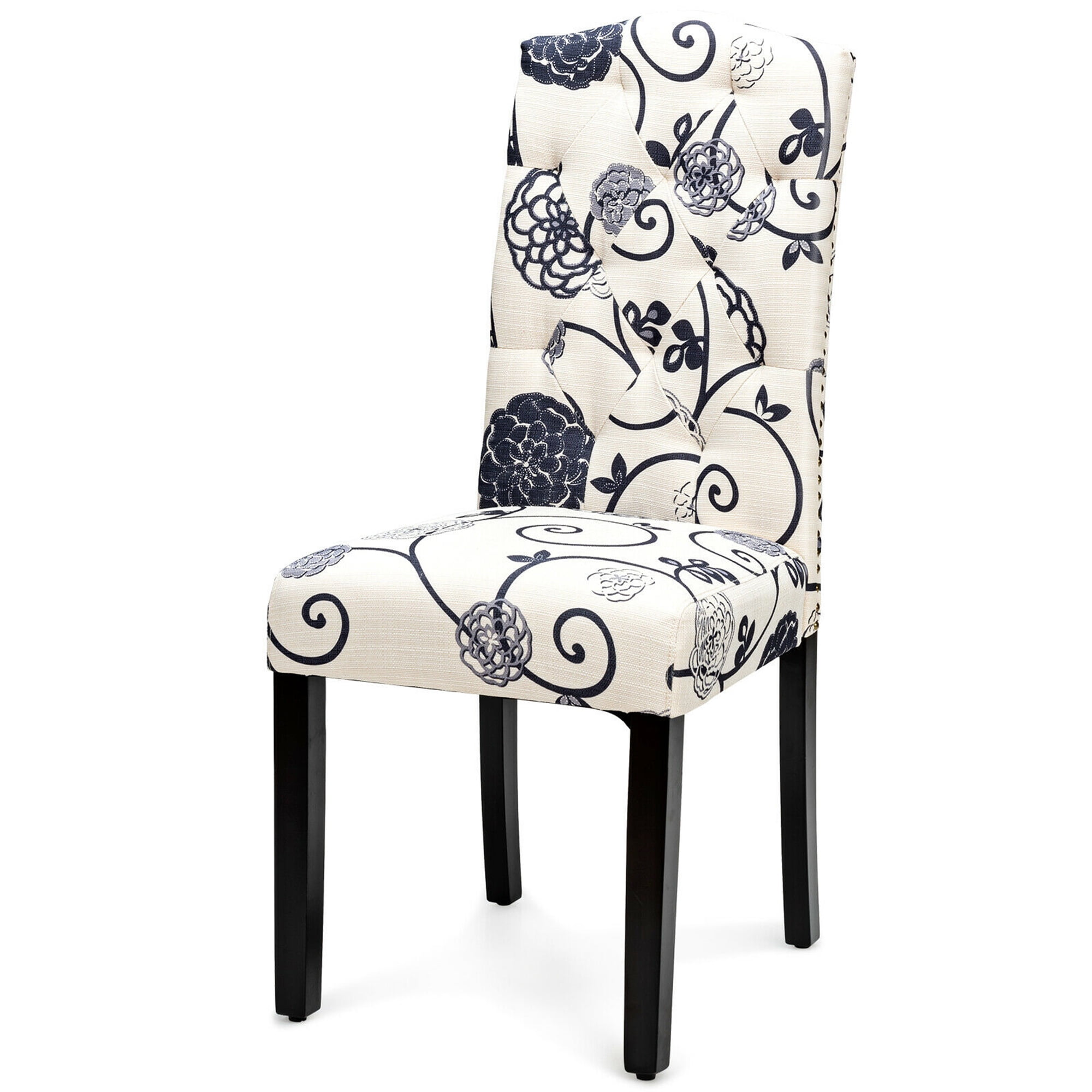 Gymax Set of 2 Tufted Dining Chair Upholstered Nailhead Trim Rubber Wooden Leg