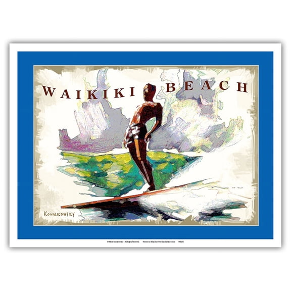 Waikiki Beach Hawaii - Surfer On Wave - Vintage Travel Poster by Wade Koniakowsky - Master Art Print (Unframed) 9in x 12in