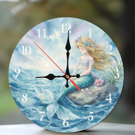 10-Inch Silent Wooden Wall Clock, " Ocean Mermaid Wall Clock Home Decor Art "  Silent Non-Ticking Clock, Battery Operated (AA Batteries Not Included), Artistic Home Decor
