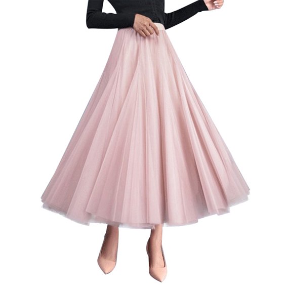 Avamo Women Long Tulle Skirt Tutu Swing Skirts Pleated Maxi Petticoat High Elastic Waist Midi Skirt Flowing Big Hem Skirt Pink Free Size