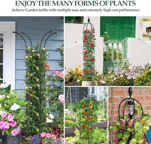 RibRave Obelisk Trellis for Climbing Plants Outdoor 6.6ft, Garden Tower Trellis for Potted Plants Indoor with Twist Tie, Clips and Butterflies Rustproof Coated Metal Support for Vines Rose 2Pack
