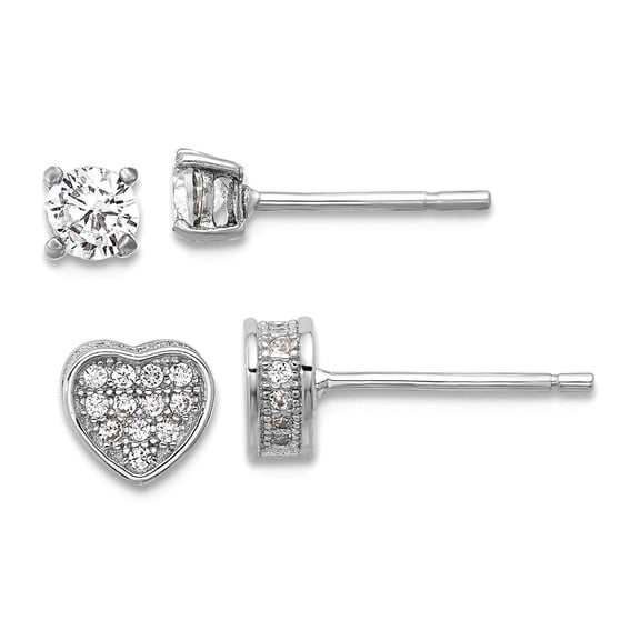 925 Sterling Silver Rhodium Plated Pave Cubic Zirconia Love Heart/4mm Cubic Zirconia Stud Post Earrings Set Stud Earring