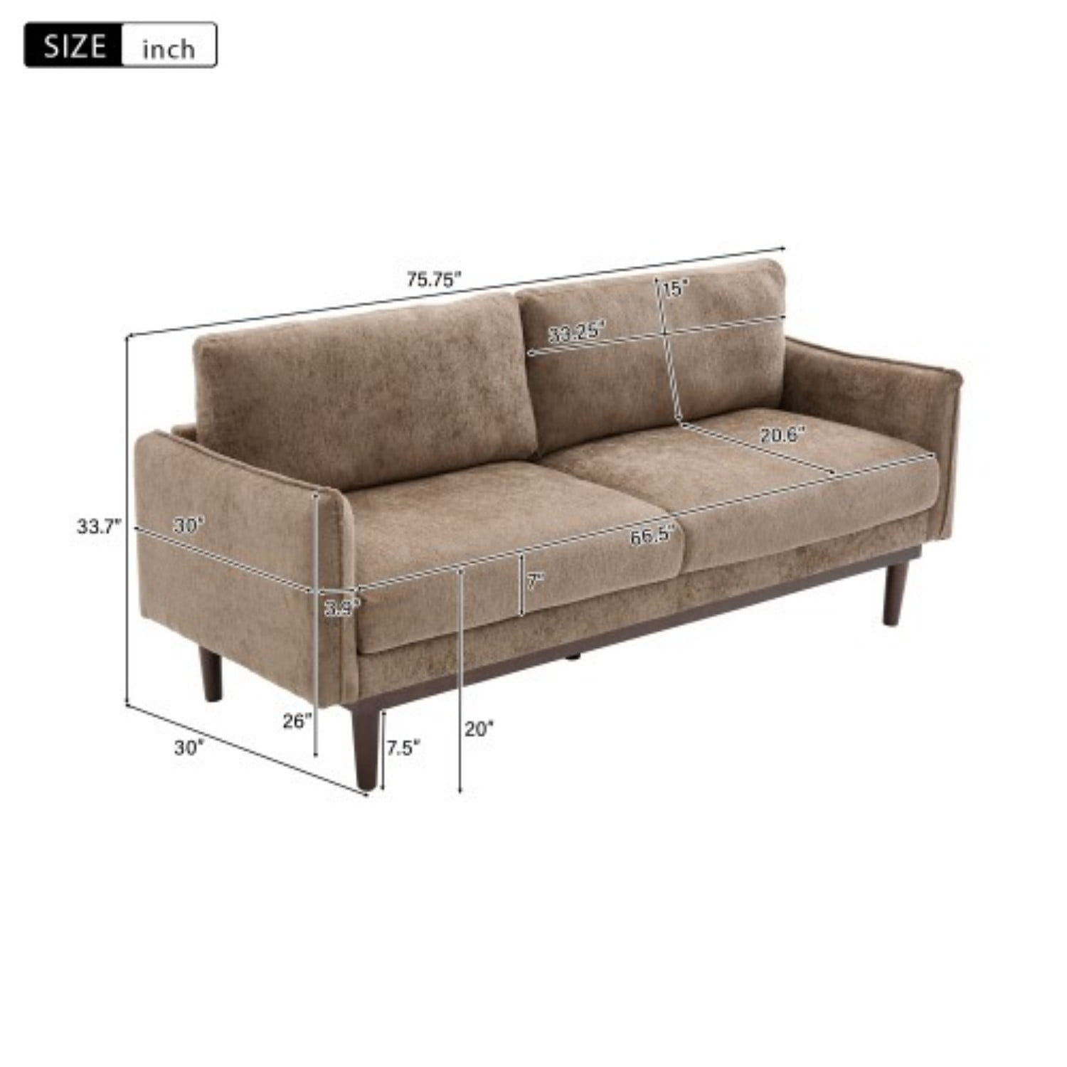Modern Style Loveseat Sofa 75.75" 2 Seater Sofa Couch with Spacious Seating Area, Chenille Fabric Upholstered Sofa with Pocket Spring Cushions and Rubber Wood Legs for Living Room, Brown