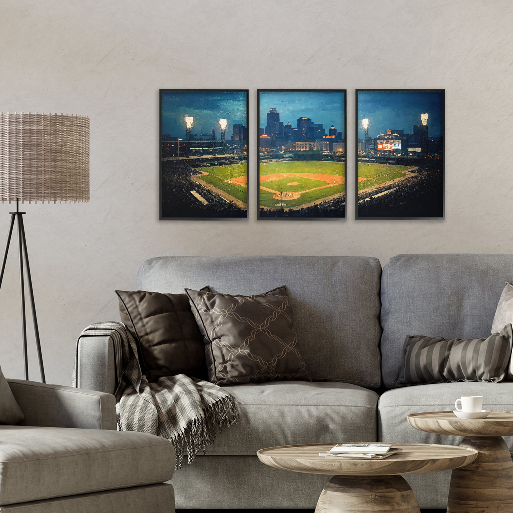Stupell Industries Baseball Stadium Night View 3 Piece Black Framed Giclee Art Set, design by Arlington Prints