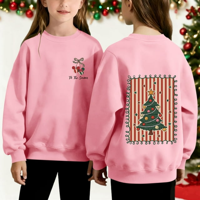 Cowsor Chandails en Molleton pour Filles Enfants Mignon Graphique Col Rond Chandail Tops Xmas Manches Longues Chemises de Vacances