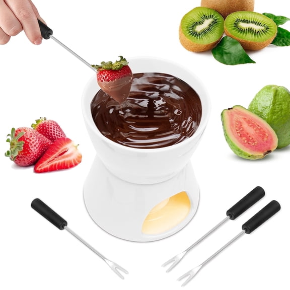 Chocolate Fondue Set with Ceramic Pot, 4 Forks, 10 oz Chocolate Melting Pot for Cheese Fondue & Tea Light Butter Warmer