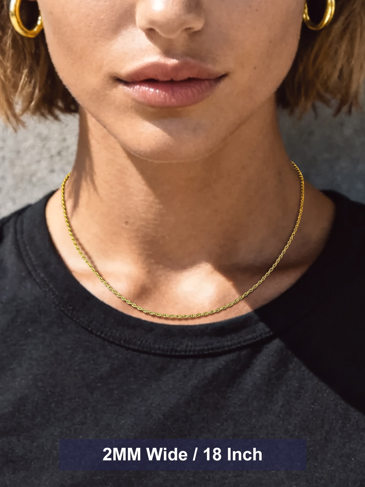 Bandmax 2MM 14K Gold Plated Thin Rope Choker Chain for Men Women 18 Inch Stainless Steel Twisted Chain Necklace for Birthday Valentines Gift
