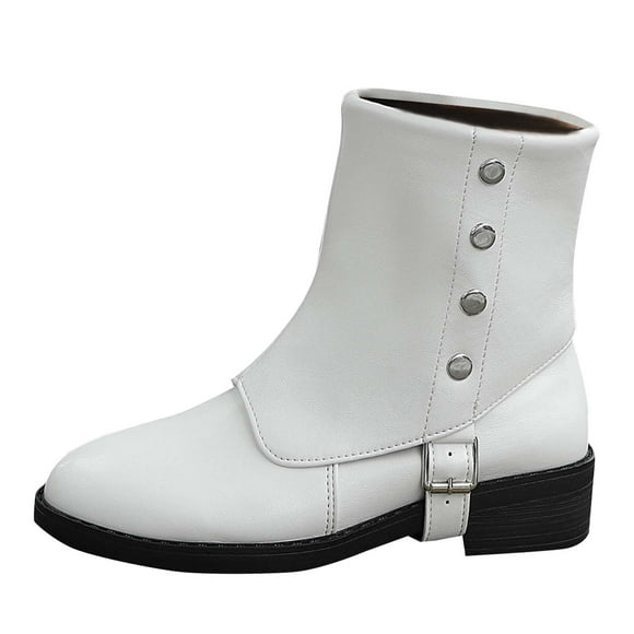 Xfvqtps Womens Mid Calf Boots Fold over Collar with Metal Buckle Chunky Low Heel Round Toe Booties for Women Fashion Casual Fall Winter Boots White