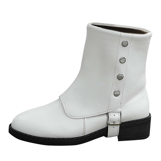 White Women Boots With Round Toe Design Metal Detail Chunky Heel Comfortable Fit Lightweight Construction Versatile Styling