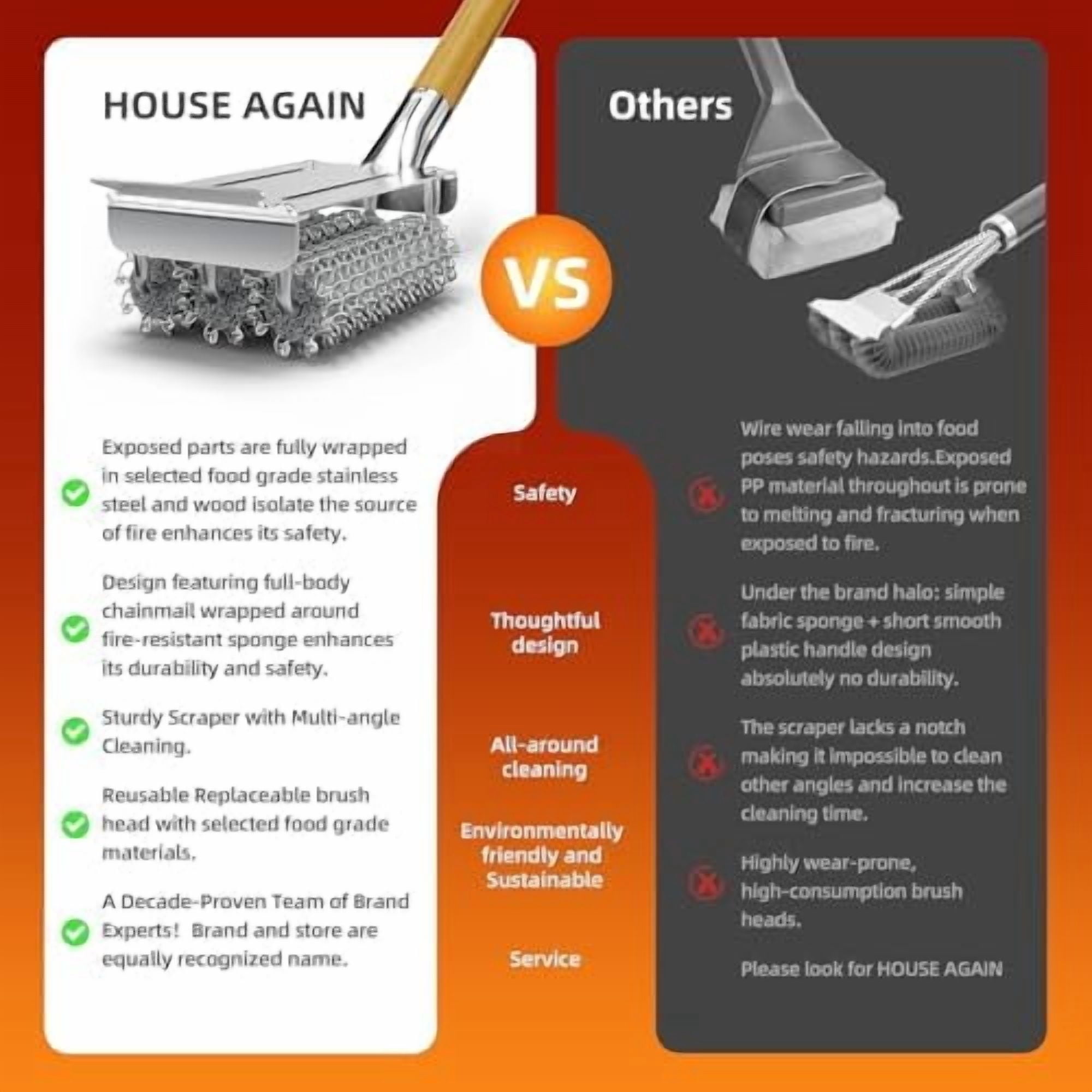 RibRave Grill Brush and Scraper Bristle Free with 3 Replacement Head 304 Stainless Steel Food-Grade Grill Accessories, Safe BBQ Cleaner Brush Strong Barbecue Cleaning Brush for Outdoor Grill Grate