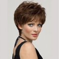 thumbnail image 1 of Peluca con microrollos de pelo corto y rizado de color marrón para mujer, estilo europeo y americano, con parte superior entera y tocado, 1 of 5