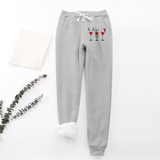 LSLJS Women's Christmas Wine Glass Print Leggings With Elastic Drawstring Pockets Thick Warm Pants, Womens Work Pants