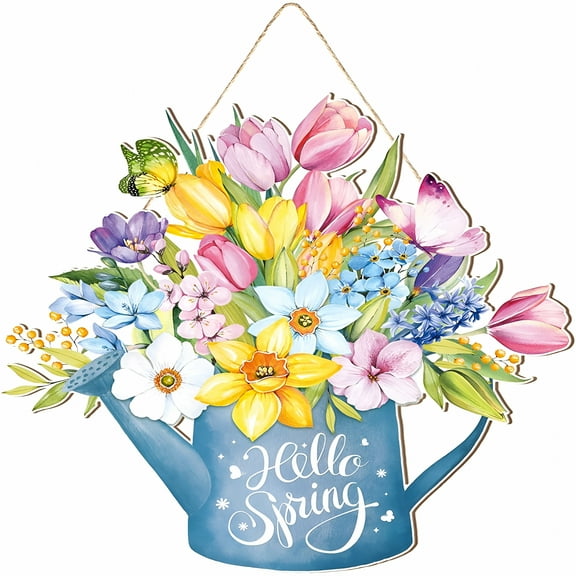 LAMIRO Spring Door Decor Flower Welcome Door Sign Spring Door Hanger for Front Door Rustic Flower Wall Pediments for Spring Easter Party Outdoor Indoor Front Door Decor