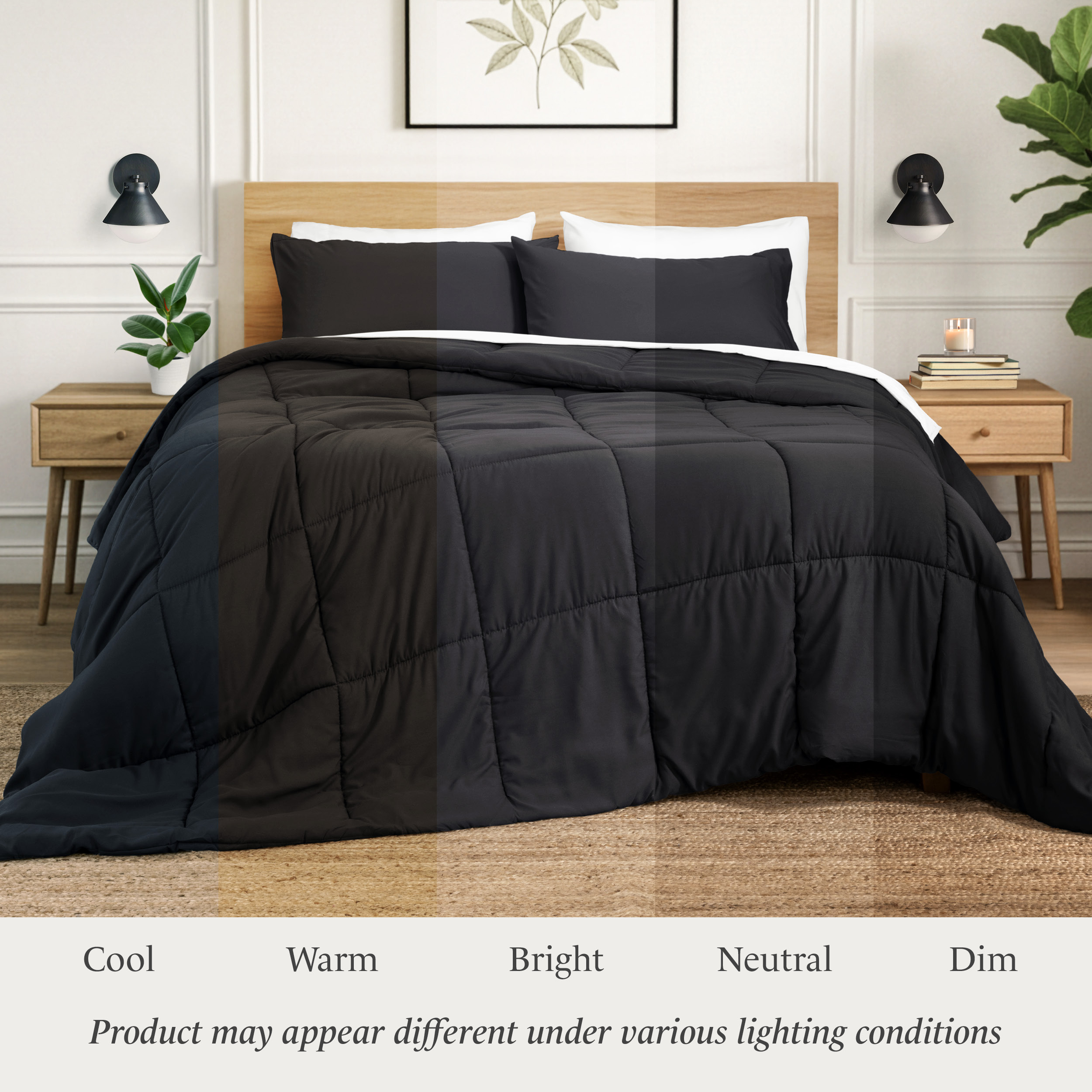 Ivy Union Comforter Set - Box Stitch - Easy Care Ultra-Soft Microfiber - All Season Warmth - Bedding Comforter - King - Black