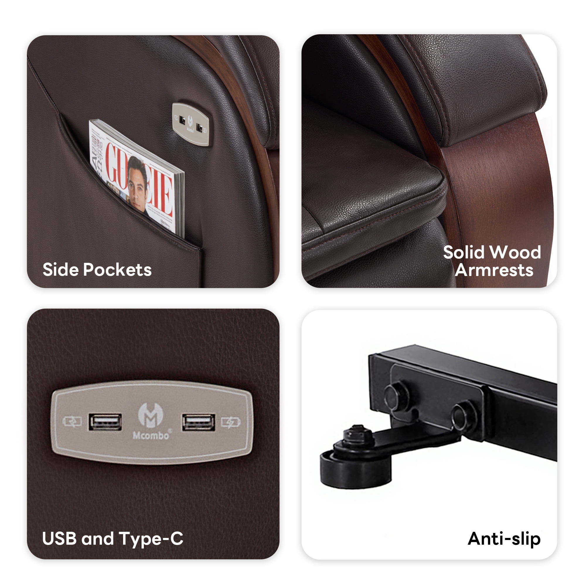 MCombo Power Lift Recliner Chair with Massage and Heat, Adjustable Headrest for Elderly, Solid Wood Armrest, Faux Leather, Dark Brown