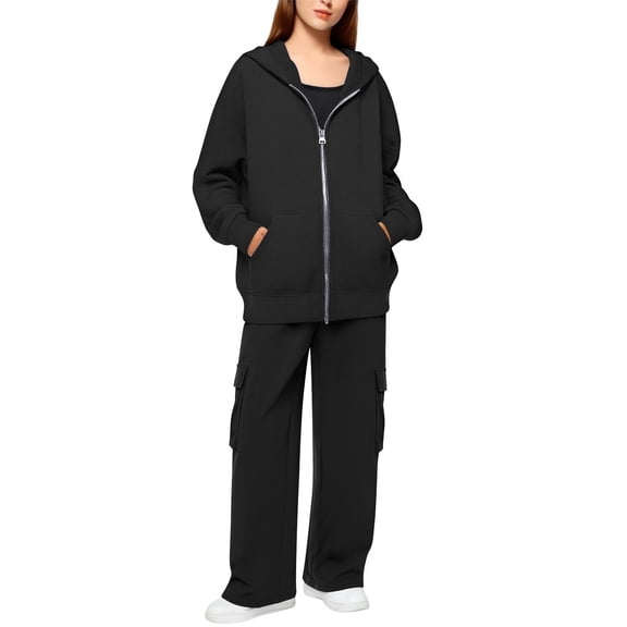 LEKODE Drop Shoulder Hoodie Jogger Sets for Women 2 Piece Yoga Sets for Women Sets for Women Long Sleeve Casual Tops for Women Athletic Sets for Women Comfy Sets for Women Clothing Black L