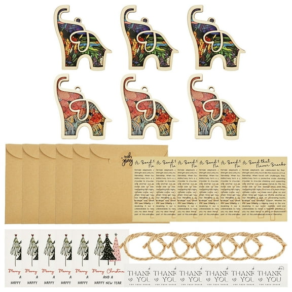 Threns 6 Pcs Wood Friendship Elephant Ornament Decorative Elephant Hanging Ornament with Card and String for Best Friends and Sisters
