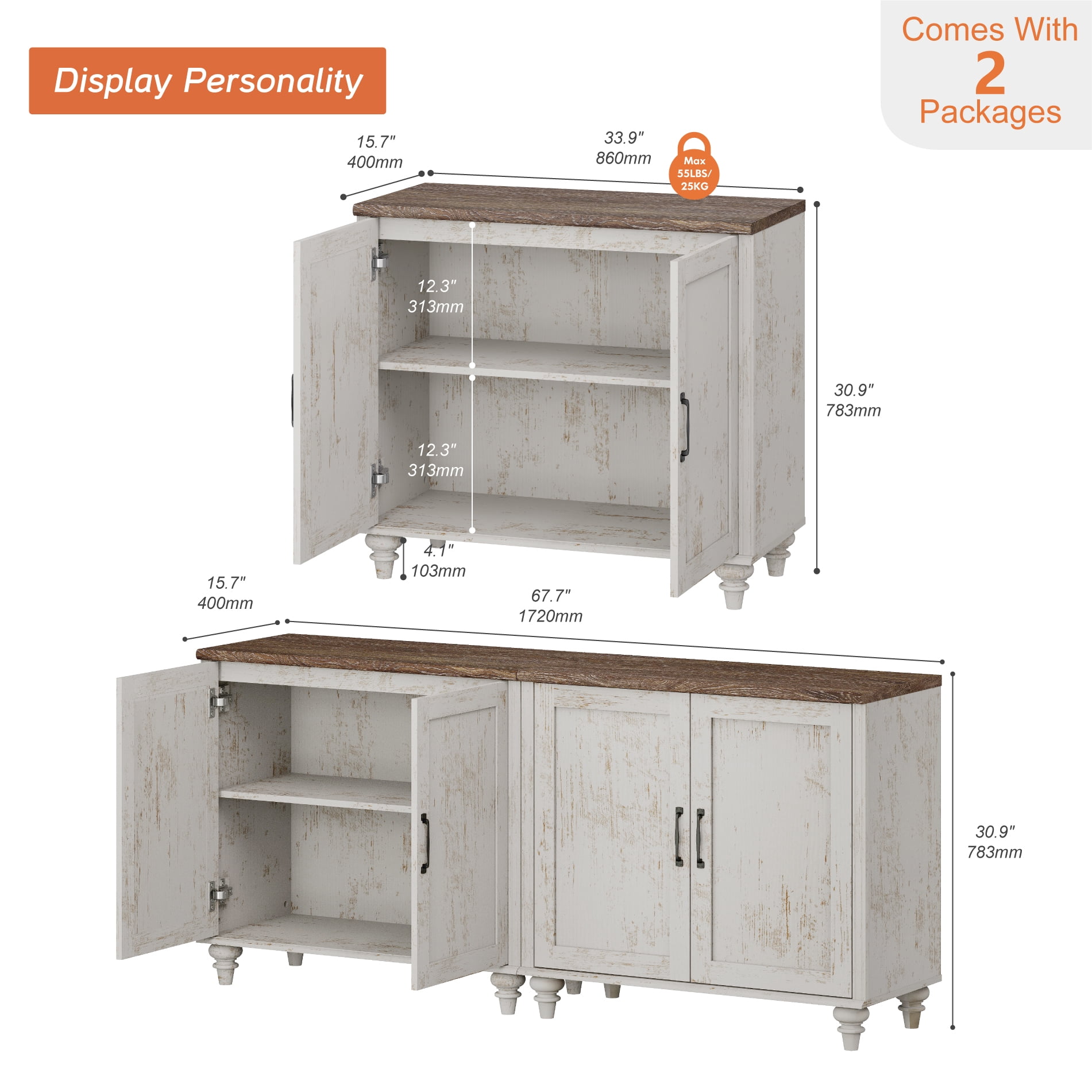 TV Stand For 75 Inch TV Inch TV, 2-In-1 TV Console Table For 43/50/60/75 Inch TV, Entertainment Center With 2 Wood Doors, Rustic White