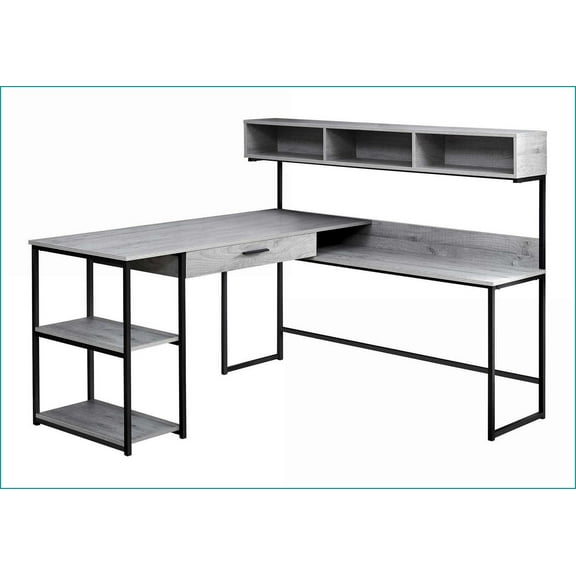 Desks, L-Shaped Corner Computer Desk with Storage Drawers, Shelves & Hutch | Grey Laminate | Black Metal | MDF