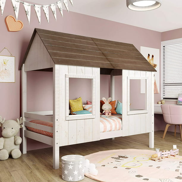 Twin Size Low Loft Bed Wood House, House Bed Frame Twin