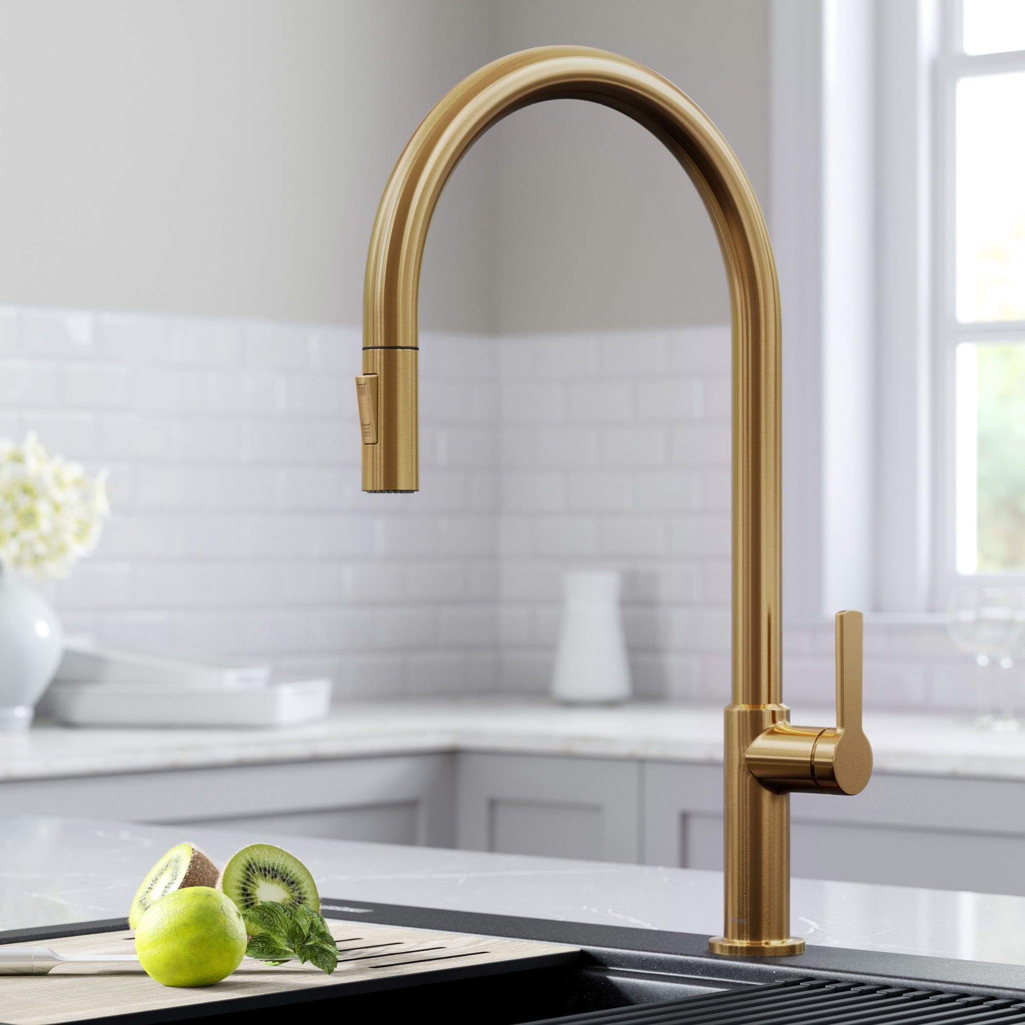 Kraus Oletto High Arc Single Handle Pull Down Kitchen Faucet In Brushed Brass 