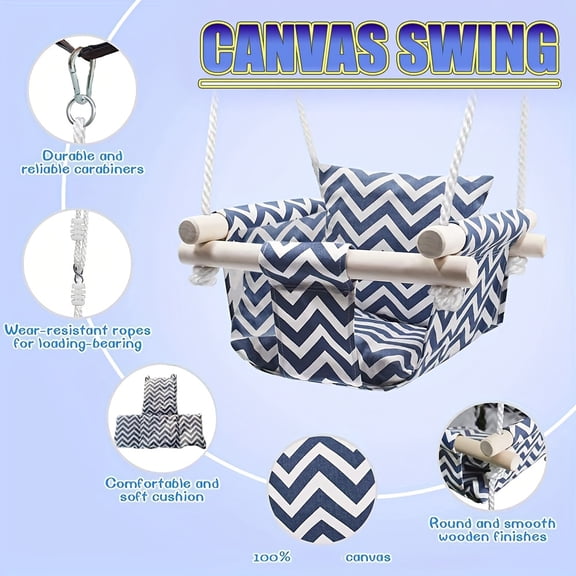 Canvas & Wooden Swing with Adjustable Ropes – Outdoor Garden Swing Seat, Garden Swing, Indoor Swing, Hanging Chair Hammock. Features a compact, foldable design for easy storage.