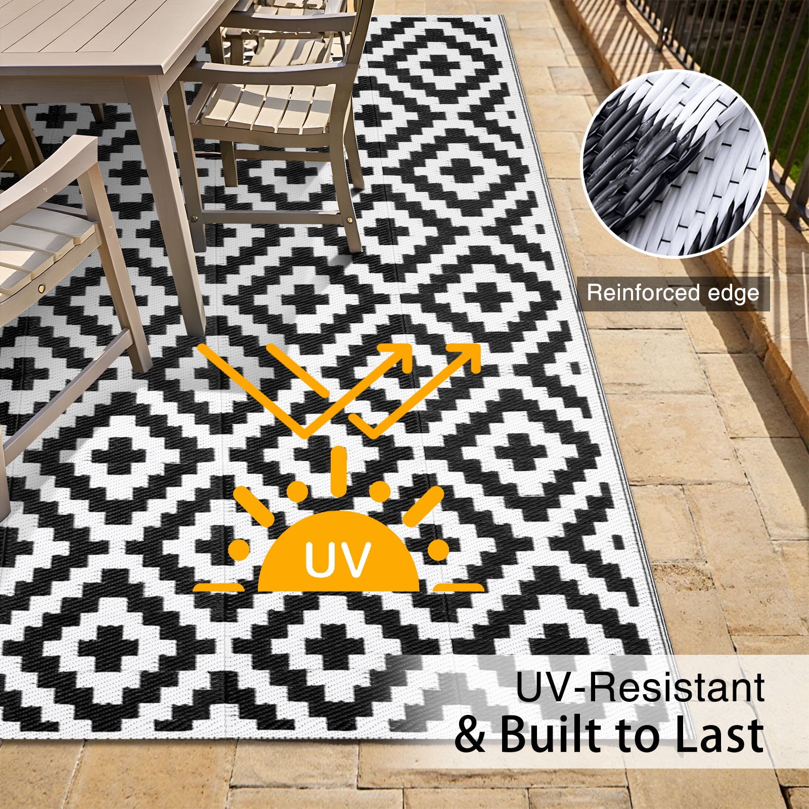 Smiry Outdoor Rug 9x12, Waterproof Reversible Plastic Outdoor Mat, Indoor Outdoor Rugs for Patio, RV, Deck, Porch, Black & White