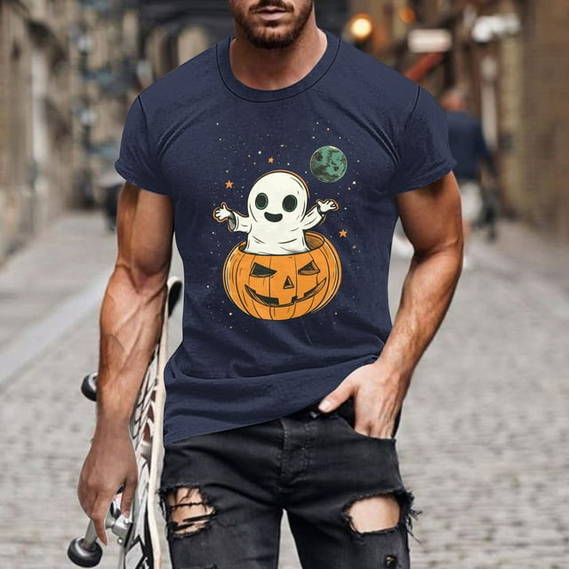 Pisexur Chemises pour Hommes Chandail-Over Imprimé Halloween Col Rond Manches Courtes Blouses/T-shirt Marine,G